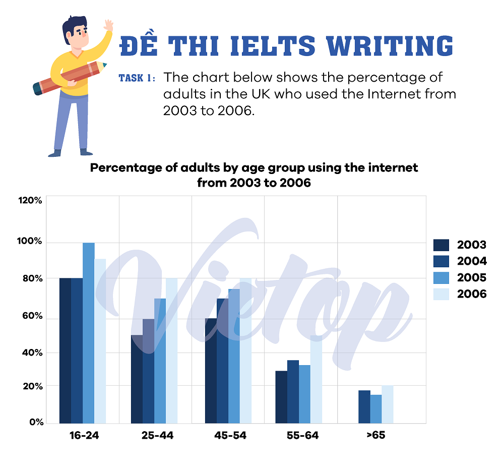 The chart below shows the percentage of adults in the UK who used the Internet from 2003 to 2006.