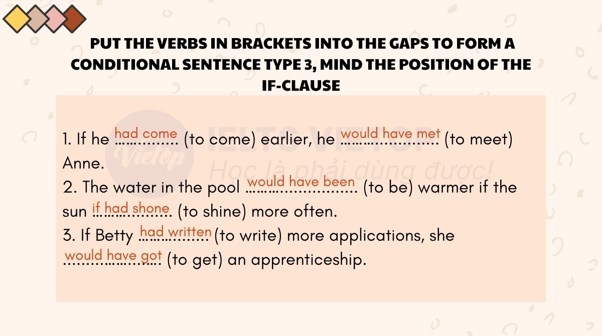 Put the verbs in brackets into the gaps to form a conditional sentence type 3, mind the position of the if-clause
