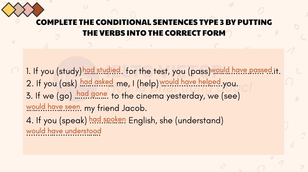 Complete the conditional sentences type 3 by putting the verbs into the correct form