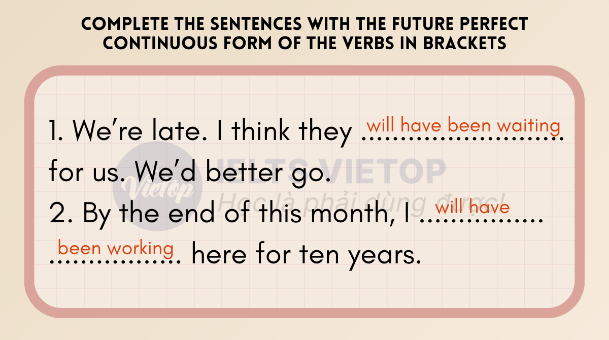 Complete the sentences with the future perfect continuous form of the verbs in brackets