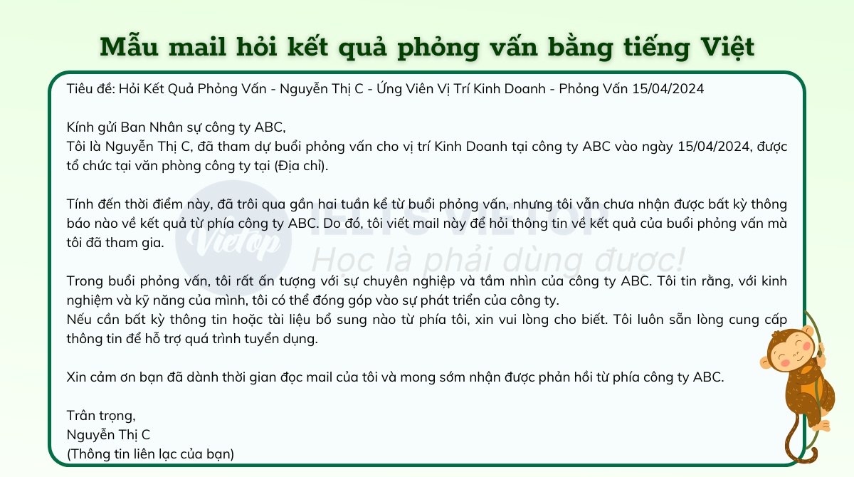 Mẫu mail hỏi kết quả phỏng vấn bằng tiếng Việt